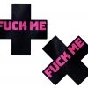 Pastease Festival Plus X: Liquid Black Cross With Pink 'Fuck Me' Nipple Pasties
