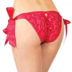 Coquette Christmas Lace Crotchless Panty With Ribbon Side Ties & Two Small Bows