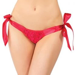 Coquette Christmas Lace Crotchless Panty With Ribbon Side Ties & Two Small Bows