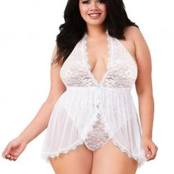 Dreamgirl Halter Plunge Front Lace Teddy With Skirt