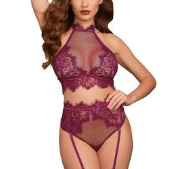 Dreamgirl Fishnet & Eyelash Lace Bra And Panty Set Lingerie