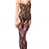 Music Legs Lace Suspender Bodystocking With Satin Bow