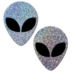 Pastease Alien: Glitter Silver Alien With Spacey Black Eyes Nipple Pasties Festival