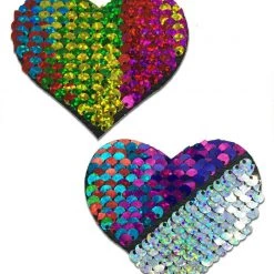 Pastease Love: Rainbow & Silver Glitter Color Changing Sequin Heart Nipple Pasties