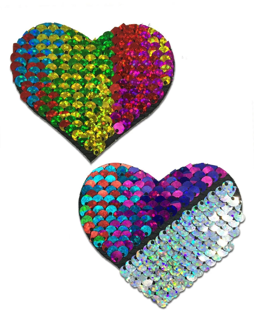 Pastease Love: Rainbow & Silver Glitter Color Changing Sequin Heart Nipple Pasties 1 Pastease Love: Rainbow & Silver Glitter Color Changing Sequin Heart Nipple Pasties