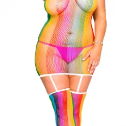 Music Legs Rainbow Stripe Fishnet Garter Dress With Stockings