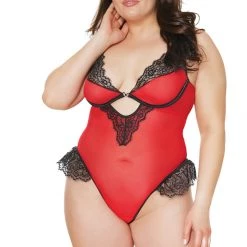 Coquette Fine Scallop Lace Crotchless Teddy Christmas
