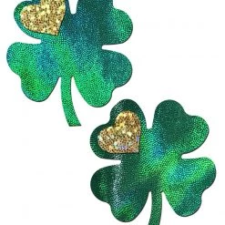 Pastease Four Leaf Clover: Holographic Green Shamrocks With Hearts O' Gold Nipple Pasties Halloween