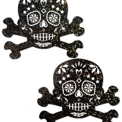 Pastease Halloween Skull: Black Glitter Candy Skull & Crossbones Nipple Pasties