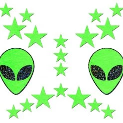 Festival Pastease Set: Neon/Glow In The Dark Green & Black Alien With 6 Mini Glow Stars And 10 Baby Glow Stars Nipple & Body Pasties