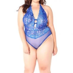 Glitter Lace Halter Teddy-O-SQ-Blue Women