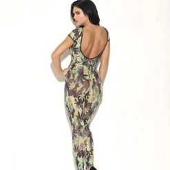 Glitter Women Cap Sleeve Weed Print Jumpsuit