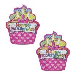 Pastease Cupcake: Pink & Multi-Color Glitter Happy Birthday Nipple Pasties