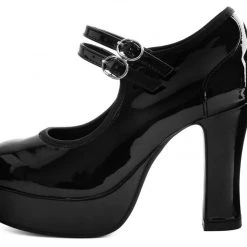 Women TUK A9448L Black Patent Double Strap Classic Platform Heel