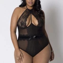 ICollection Open Halter Lace & Stripe Mesh Teddy