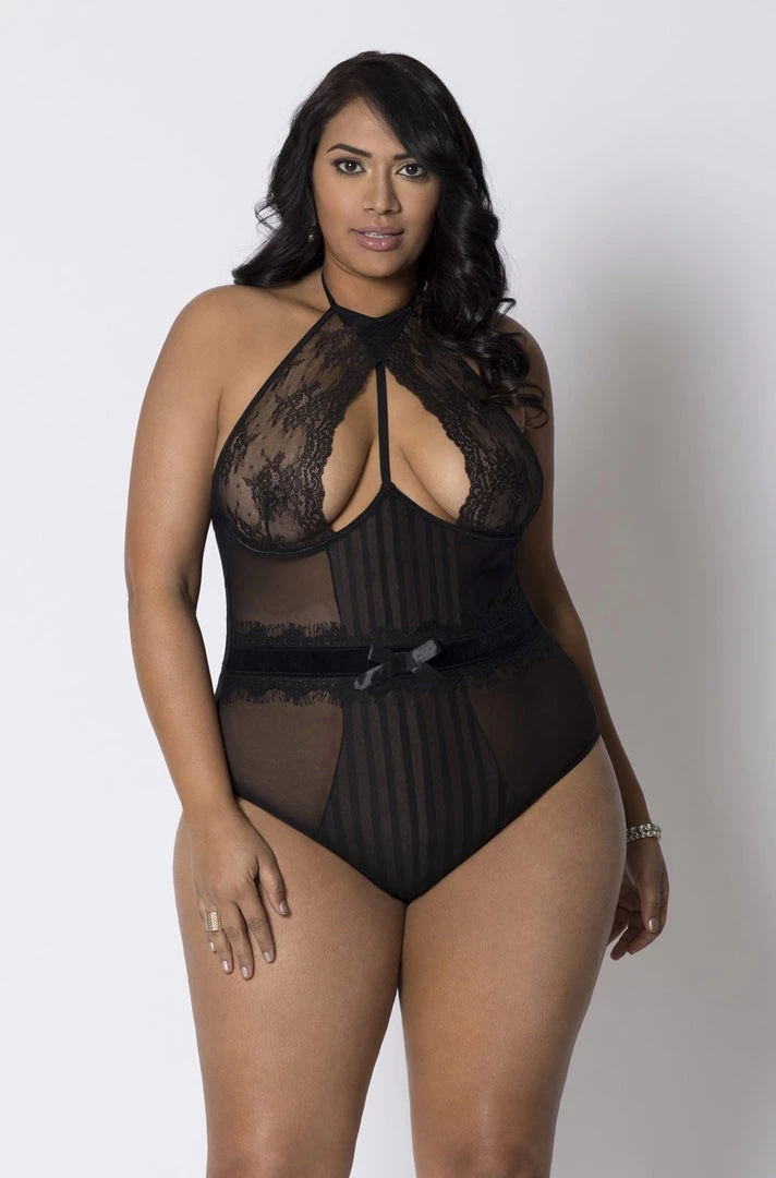ICollection Open Halter Lace & Stripe Mesh Teddy 1 ICollection Open Halter Lace & Stripe Mesh Teddy