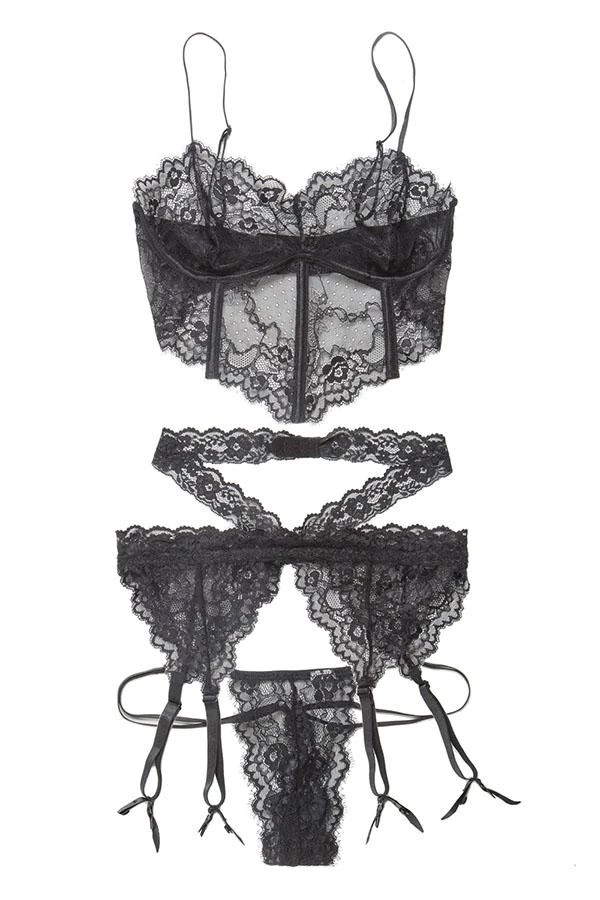 Coquette Scallop Stretch Lace Bra, Garter Belt & G-String Set 8 Coquette Scallop Stretch Lace Bra, Garter Belt & G-String Set