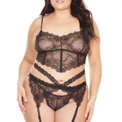 Coquette Scallop Stretch Lace Bra, Garter Belt & G-String Set