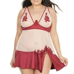 Coquette Sheer Stretch Nylon & Satin Babydoll Set Christmas