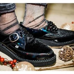 TUK A9511 Black Hologram Faux Hair Pointed Buckle Creeper