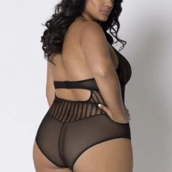 ICollection Open Halter Lace & Stripe Mesh Teddy