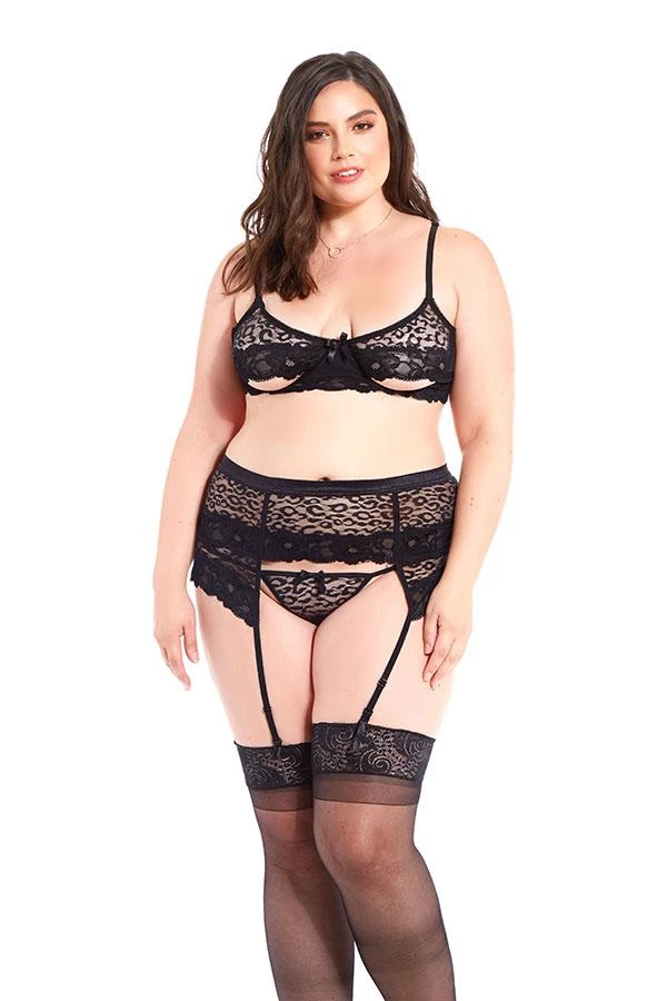 ICollection Lingerie Leopard Lace & Mesh Bra, Garter And G-String Set 1 ICollection Lingerie Leopard Lace & Mesh Bra, Garter And G-String Set