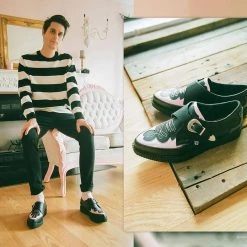 TUK-A9565 Black & Pink Western Pointed Buckle Creeper Women 16 TUK-A9565 Black & Pink Western Pointed Buckle Creeper Women