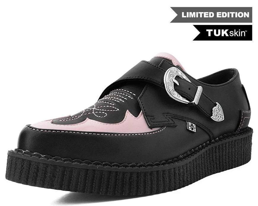 TUK-A9565 Black & Pink Western Pointed Buckle Creeper Women 1 TUK-A9565 Black & Pink Western Pointed Buckle Creeper Women