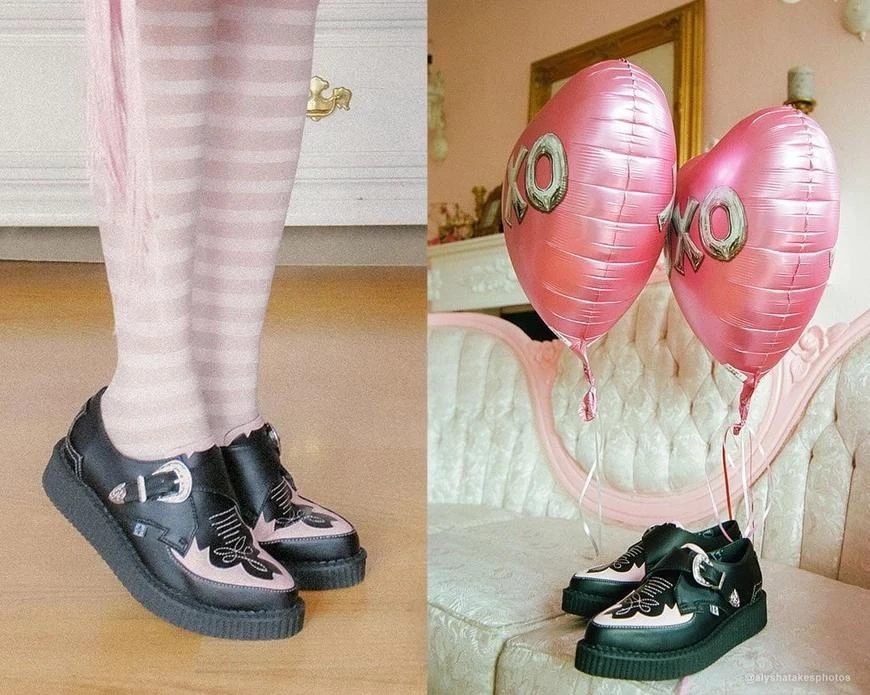 TUK-A9565 Black & Pink Western Pointed Buckle Creeper Women 6 TUK-A9565 Black & Pink Western Pointed Buckle Creeper Women