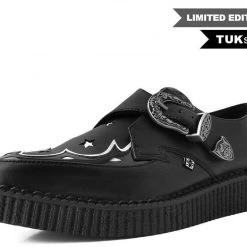 TUK-A9573 Black & White Star Western Pointed Buckle Creeper Women