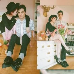 TUK-A9573 Black & White Star Western Pointed Buckle Creeper Women