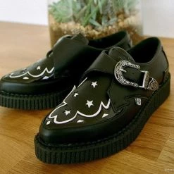 TUK-A9573 Black & White Star Western Pointed Buckle Creeper Women