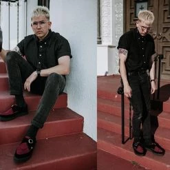 TUK-A9592 Black & Burgundy Suede Pointed Buckle Creeper