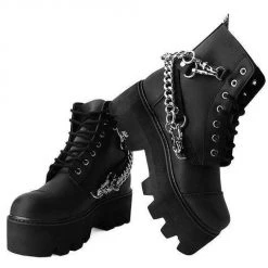 Women TUK A9752 Black 7-Eye Chain & Strap Dino Lug Boot