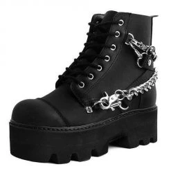 Women TUK A9752 Black 7-Eye Chain & Strap Dino Lug Boot