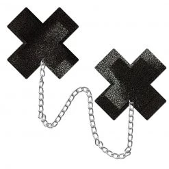 Pastease Halloween Chains: Liquid Black Plus X Cross With Chunky Silver Chain Nipple Pasties