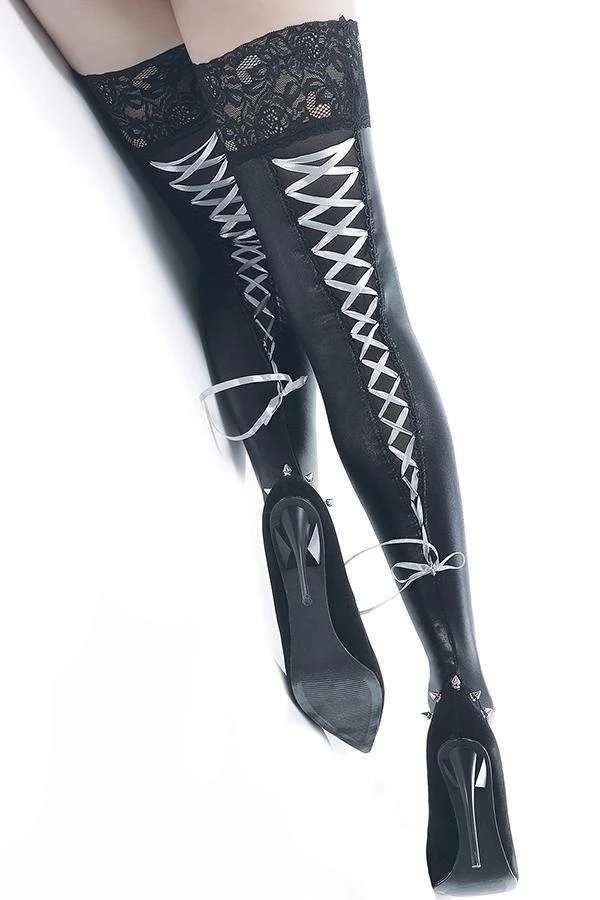 Coquette Fetish Wet Look Thigh High Stockings With Lace Ups 1 Coquette Fetish Wet Look Thigh High Stockings With Lace Ups