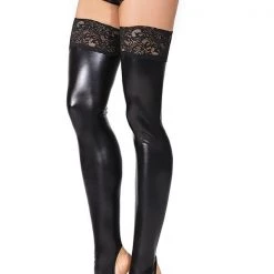 Coquette Fetish Toeless Wet Look Stockings With Lace Silicone Grip Tops