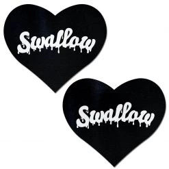 Pastease Love: "Swallow" In White On Black Heart Nipple Pasties