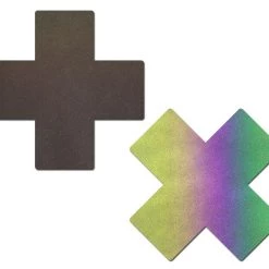 Pastease Festival Plus X: Reflective Rainbow Cross Nipple Pasties
