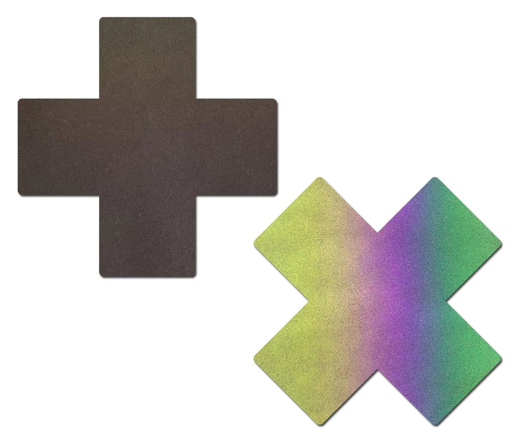 Pastease Festival Plus X: Reflective Rainbow Cross Nipple Pasties 1 Pastease Festival Plus X: Reflective Rainbow Cross Nipple Pasties
