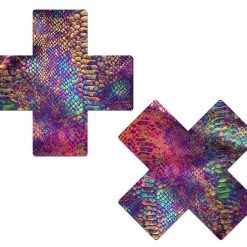 Pastease Plus X: Neon Rainbow Tie Dye Snake Print Cross Nipple Pasties Festival